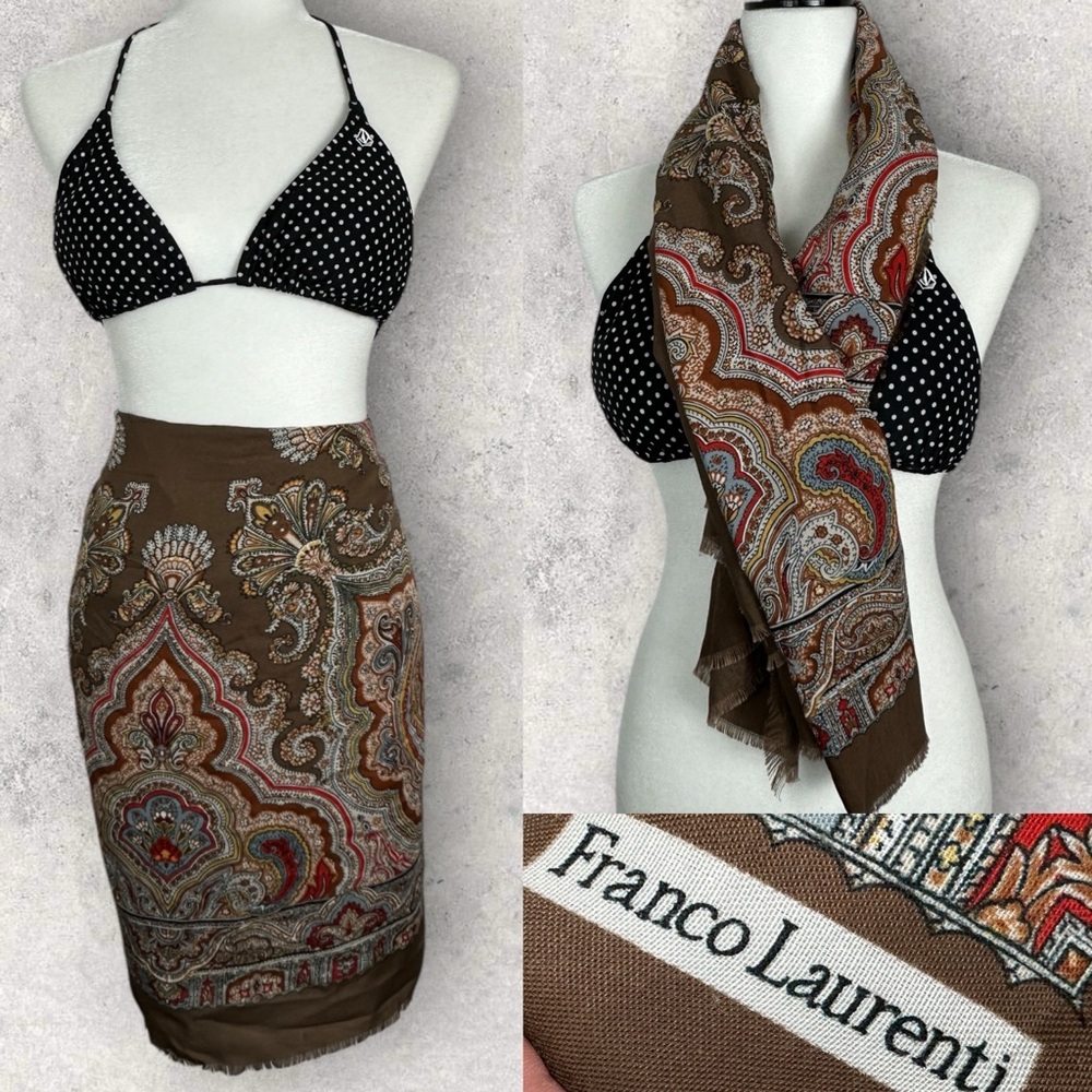 VTG Franco Laurenti Brown Bohemian Print Scarf Square 46" x 46"‎ Hippie Boho